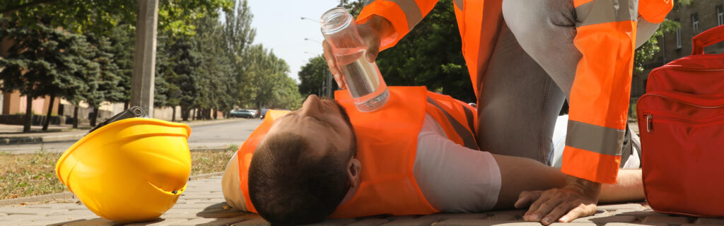 Dehydrated worker receiving first aid near job site, Express ER Temple nearby.